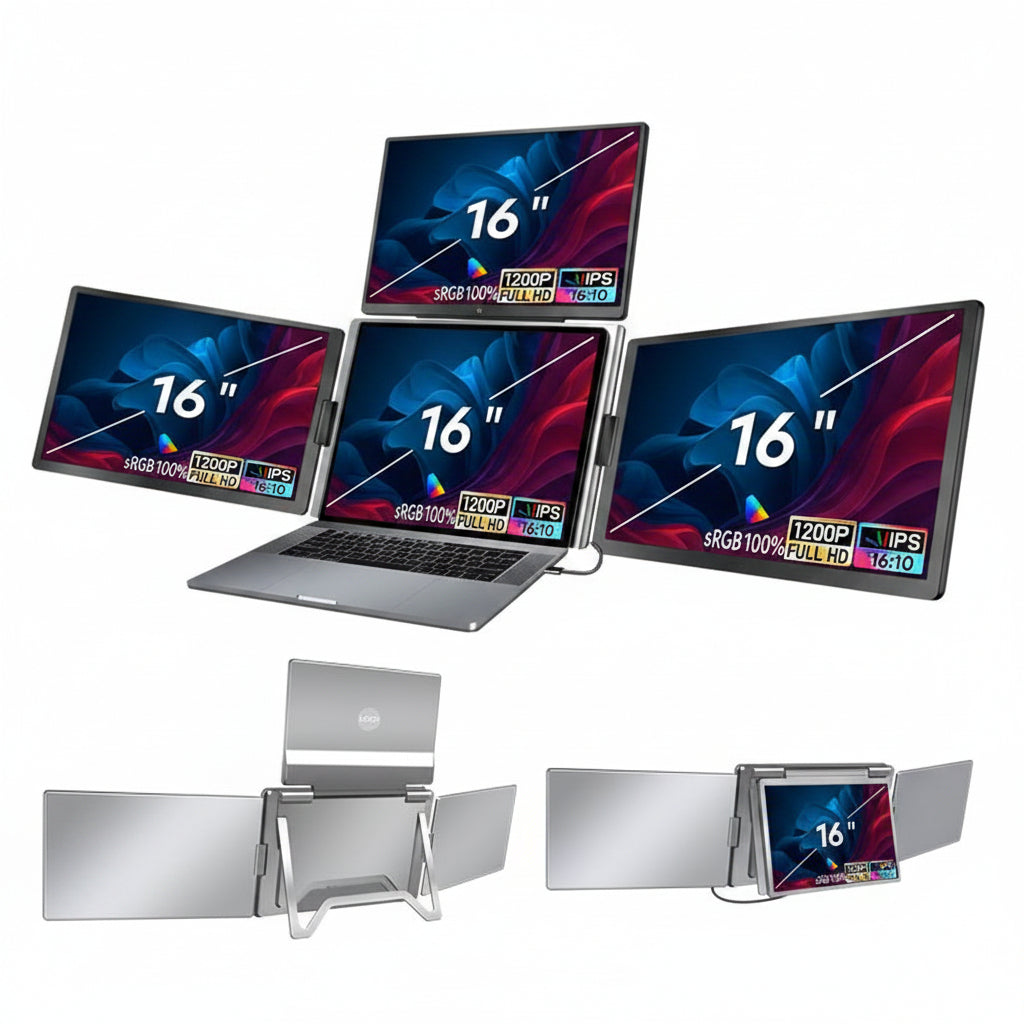 Product render of Trion 16" FHD Quad Screen against a gradient background highlighting “One‑Cable Triple Display” text.