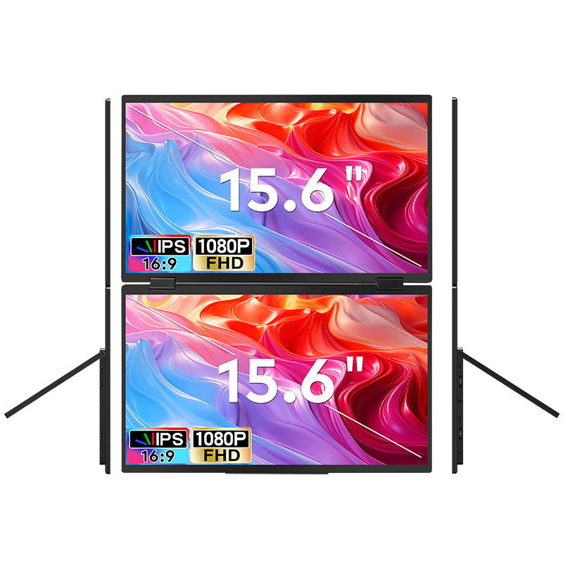 TRION-FOLDABLE MONITOR 15.6" streaming video on one screen and social media feed on second screen

