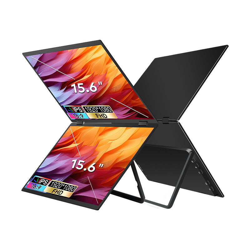 TRION-FOLDABLE MONITOR 15.6" with minimalist dark theme wallpaper across both displays

