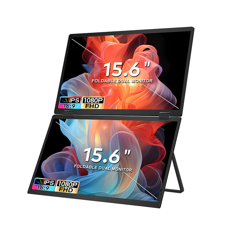 TRION-FOLDABLE MONITOR 15.6" folded into compact form standing upright next to a closed laptop

