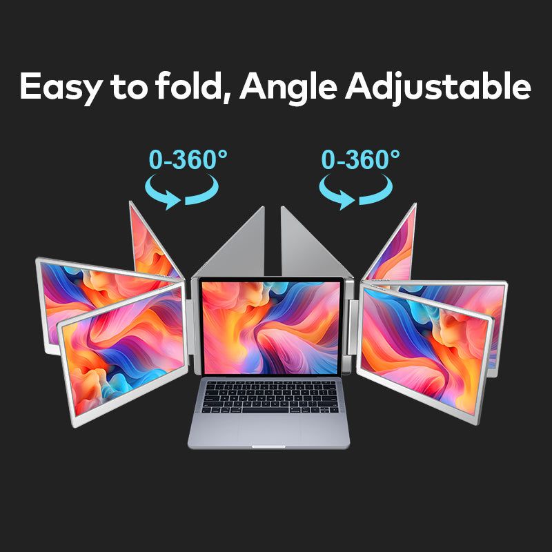 Over-the-shoulder view of someone editing documents across all three screens on the Trion 14-inch trifold portable monitor setup.