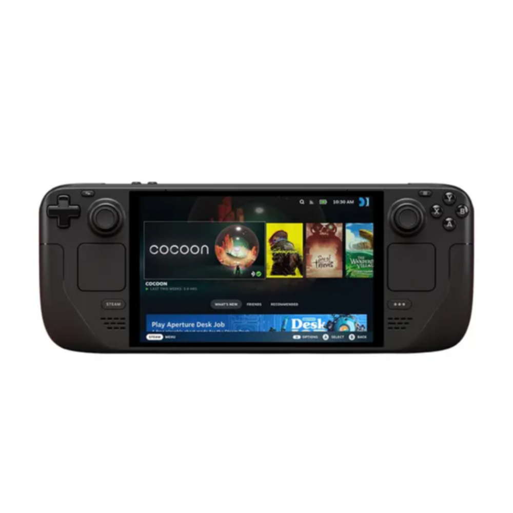Front view of Valve Steam Deck OLED 512GB handheld gaming console showing the 7.4‑inch HDR OLED screen and full control layout.